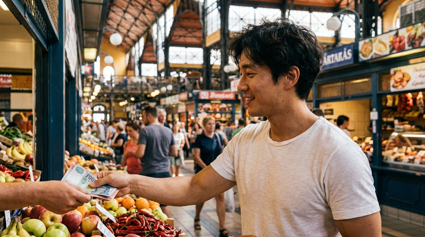 부다페스트 중앙시장 내부에서 현금으로 포린트를 지불하며 식료품을 구매하는 여행자