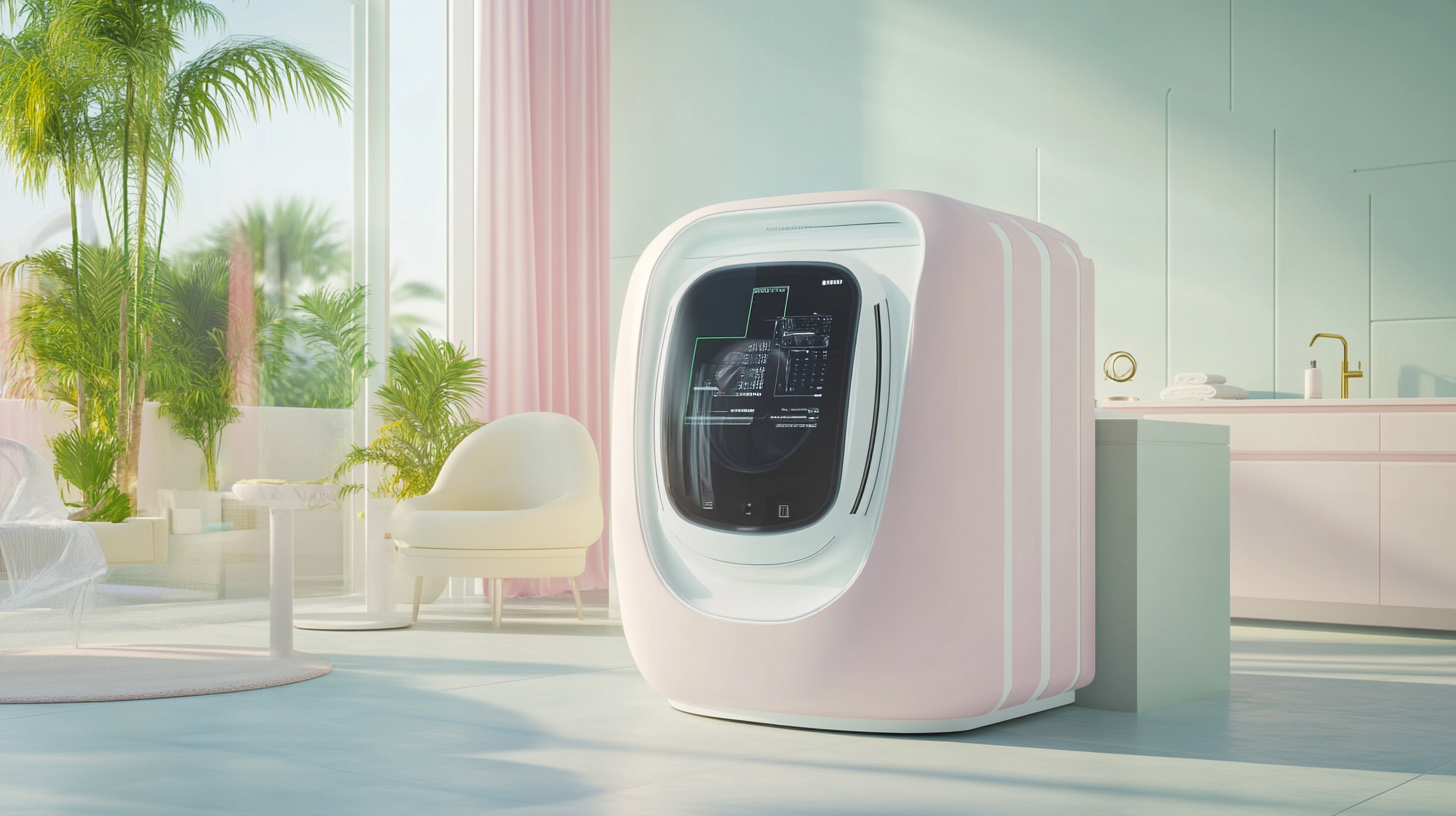 럭셔리 현대 세탁실에 있는 AI 기술이 통합된 미래 지향적 고급 세탁기의 모습