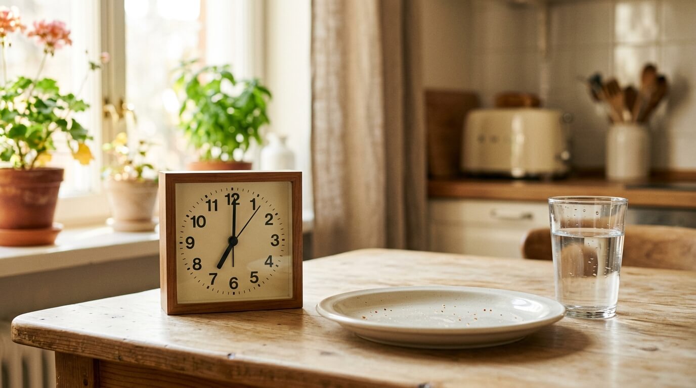 빈 접시와 시계가 놓인 아침 테이블, 간헐적 단식 아침 굶기 식사 시간 관리