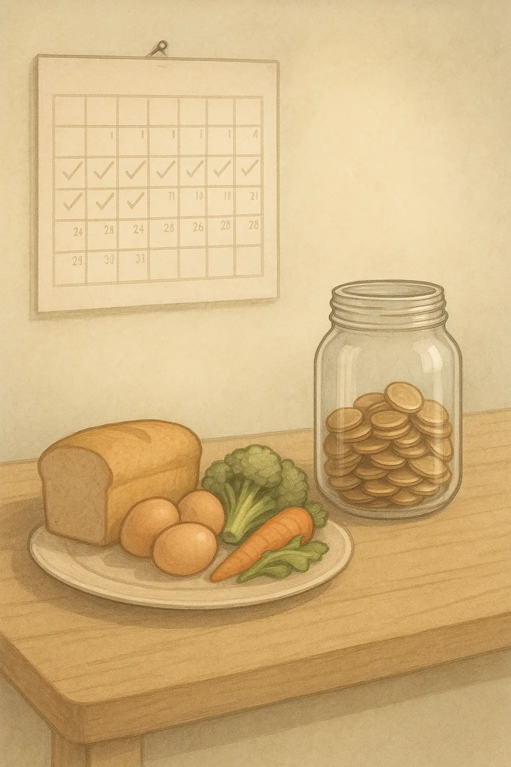 한-달-식비-절감-실험-일러스트-최소-식료품-테이블-동전-저금병-달력-배경