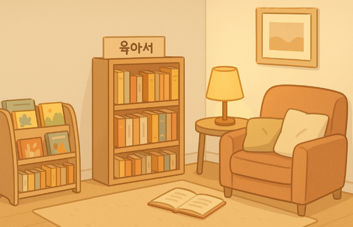 육아서가 꽂혀있는 책장 모습