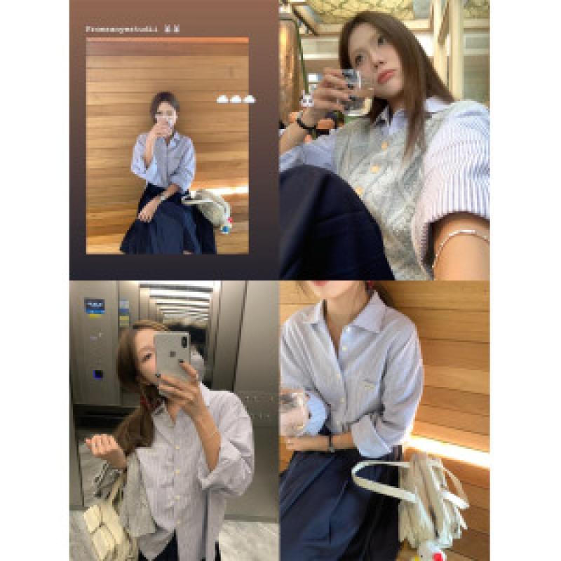 하늘색스트라이프셔츠 앞단추 니트 조끼 코디세트