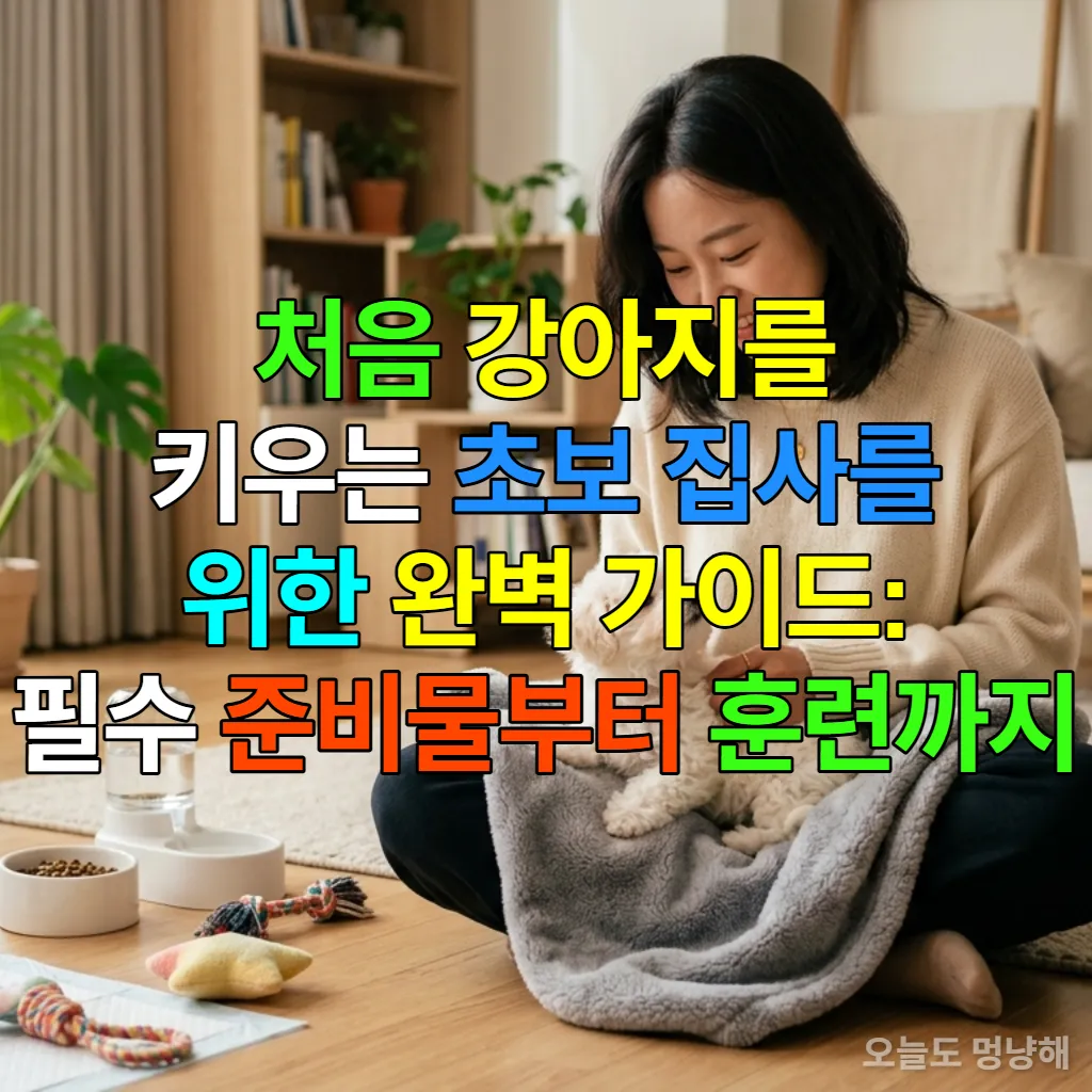초보 강아지 집사가 아늑한 한국 아파트에서 귀여운 강아지와 함께 행복하게 교감하는 모습