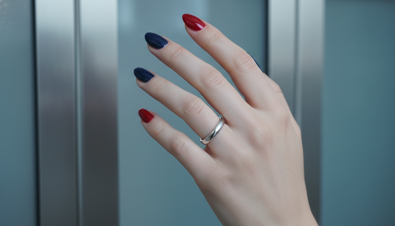 겨울 쿨톤에 완벽한 트루 레드, 네이비, 블랙 네일이 시크하고 선명하게 표현된 손.