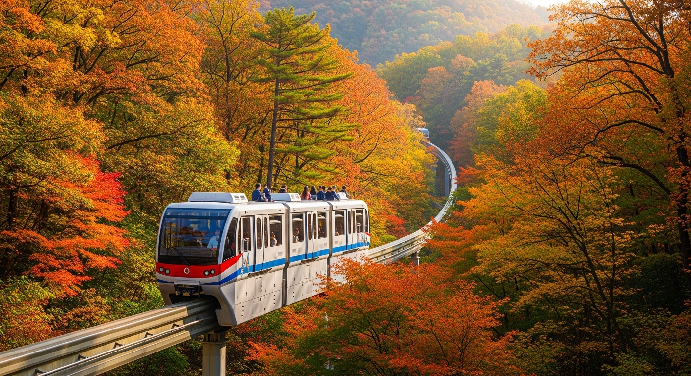 2025년 가을, 울긋불긋 단풍으로 물든 화담숲을 가로지르는 모노레일의 전경