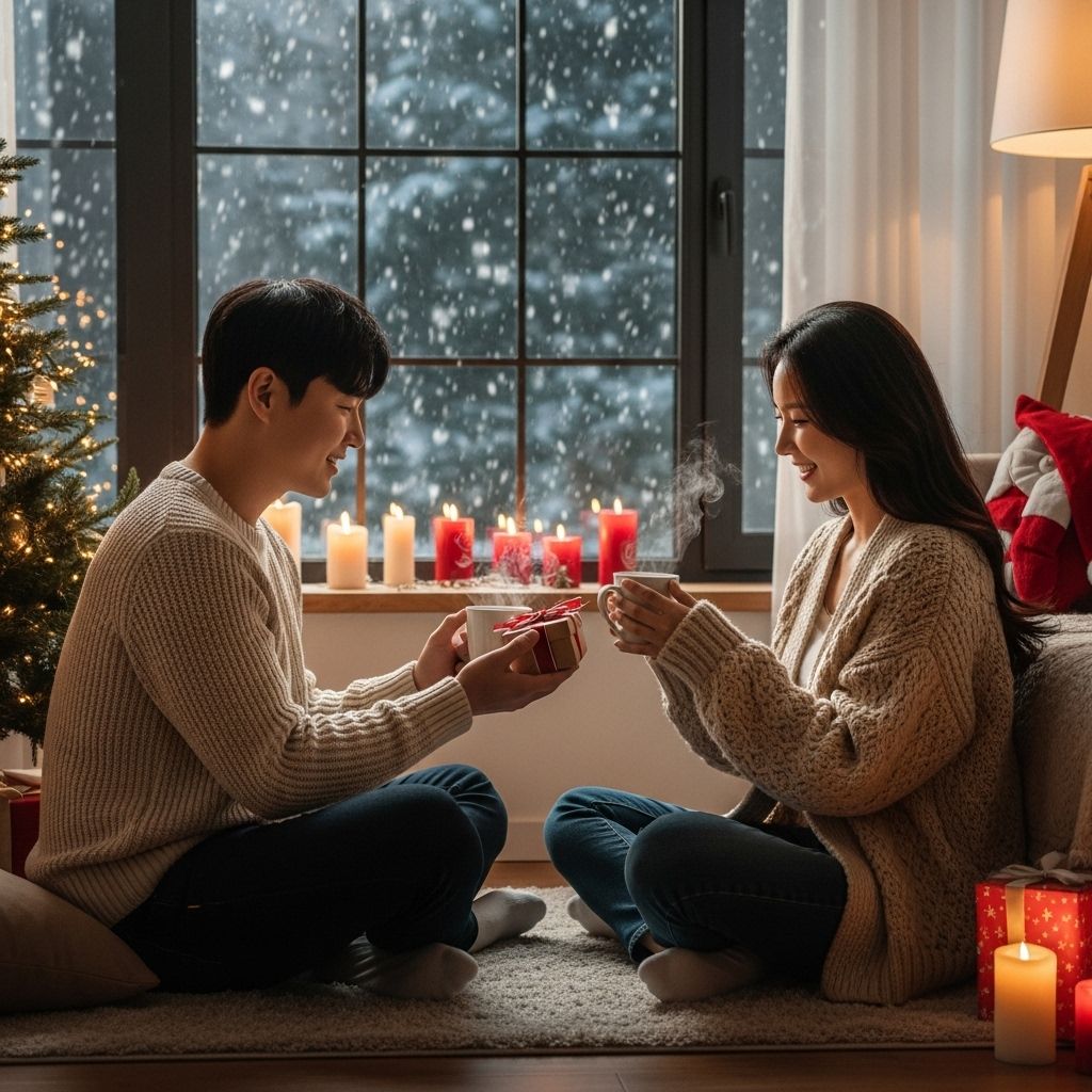 서울윈터페스타 청계천&amp;#44; 커피를 마시며 선물을 나누는 모습