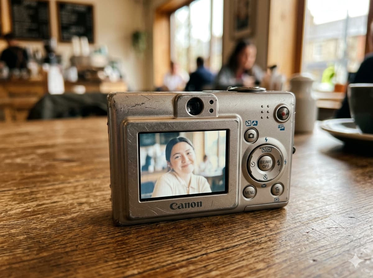 카페 나무 테이블 위 캐논 IXY 빈티지 카메라 LCD 화면에 표시된 CCD 센서 특유의 부드러운 우유 빛깔 인물 사진 결과물