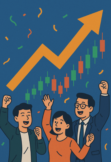 투자자들이 환호하는 일러스트 → 시장 심리 변화 설명 부분에 활용 가능