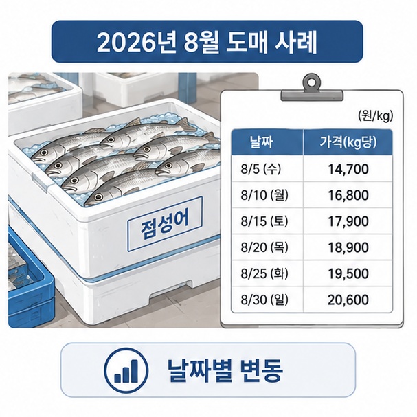 2026년 8월 점성어 도매가격이 날짜별로 달라질 수 있음을 1kg 가격표와 시장 상자로 보여주는 그림