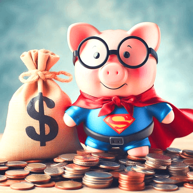 파란 슈퍼맨 복장을 한 돼지저금통이 검정 뿔테 안경을 쓰고 서 있다. 주변엔 돈주머니와 동전들이 가득하다.