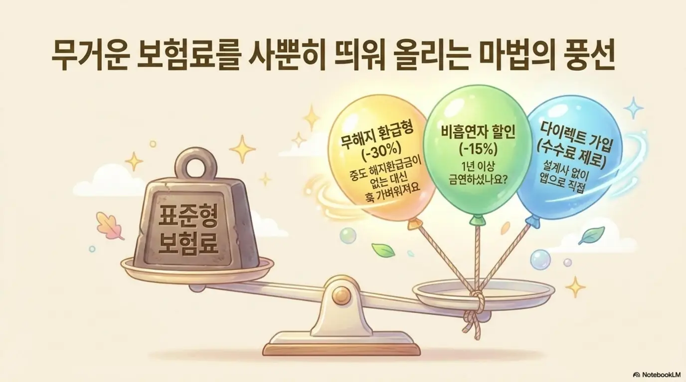 암보험 가입시 주의사항: 무거운 표준형 보험료 추를 무해지 환급형 마이너스 30%와 비흡연자 할인 마이너스 15% 그리고 다이렉트 가입 수수료 제로 풍선 3개가 가볍게 띄워 올리는 저울 일러스트. 암보험 보험료를 줄이는 3가지 설계 전략을 시각적으로 전달함