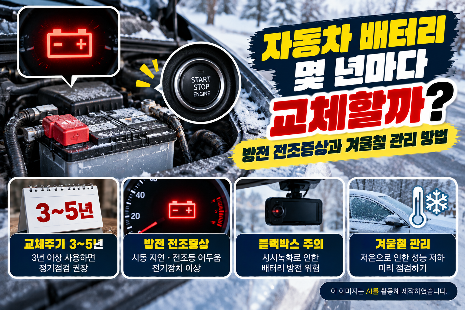 겨울철 눈이 쌓인 자동차 엔진룸의 배터리와 계기판 배터리 경고등을 배경으로, 자동차 배터리 교체주기 3~5년, 시동 지연과 전조등 어두워짐 등 방전 전조증상, 블랙박스 상시녹화로 인한 방전 위험 및 겨울철 배터리 관리 방법을 안내하는 이미지