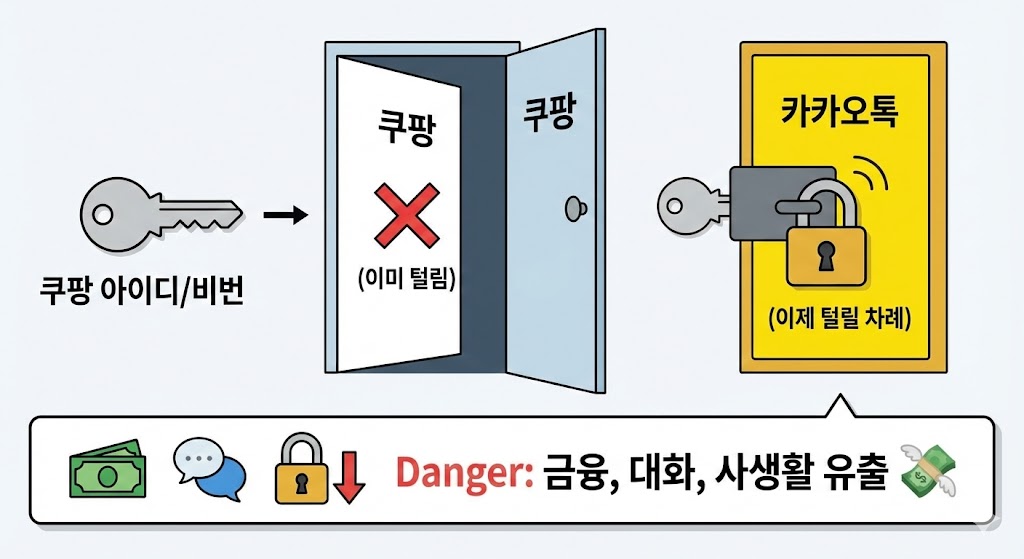 동일한 비밀번호 사용의 위험성을 도식화한 이미지