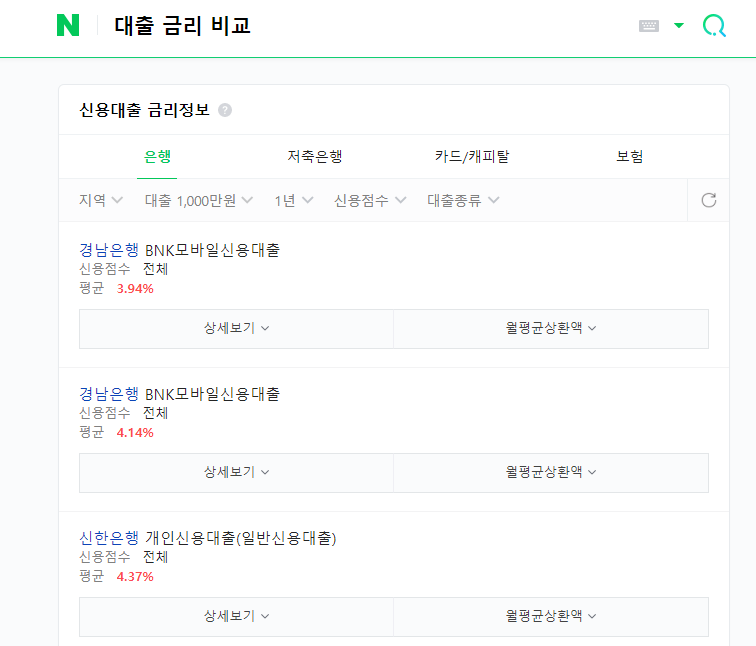 네이버 대출 금리 비교 결과