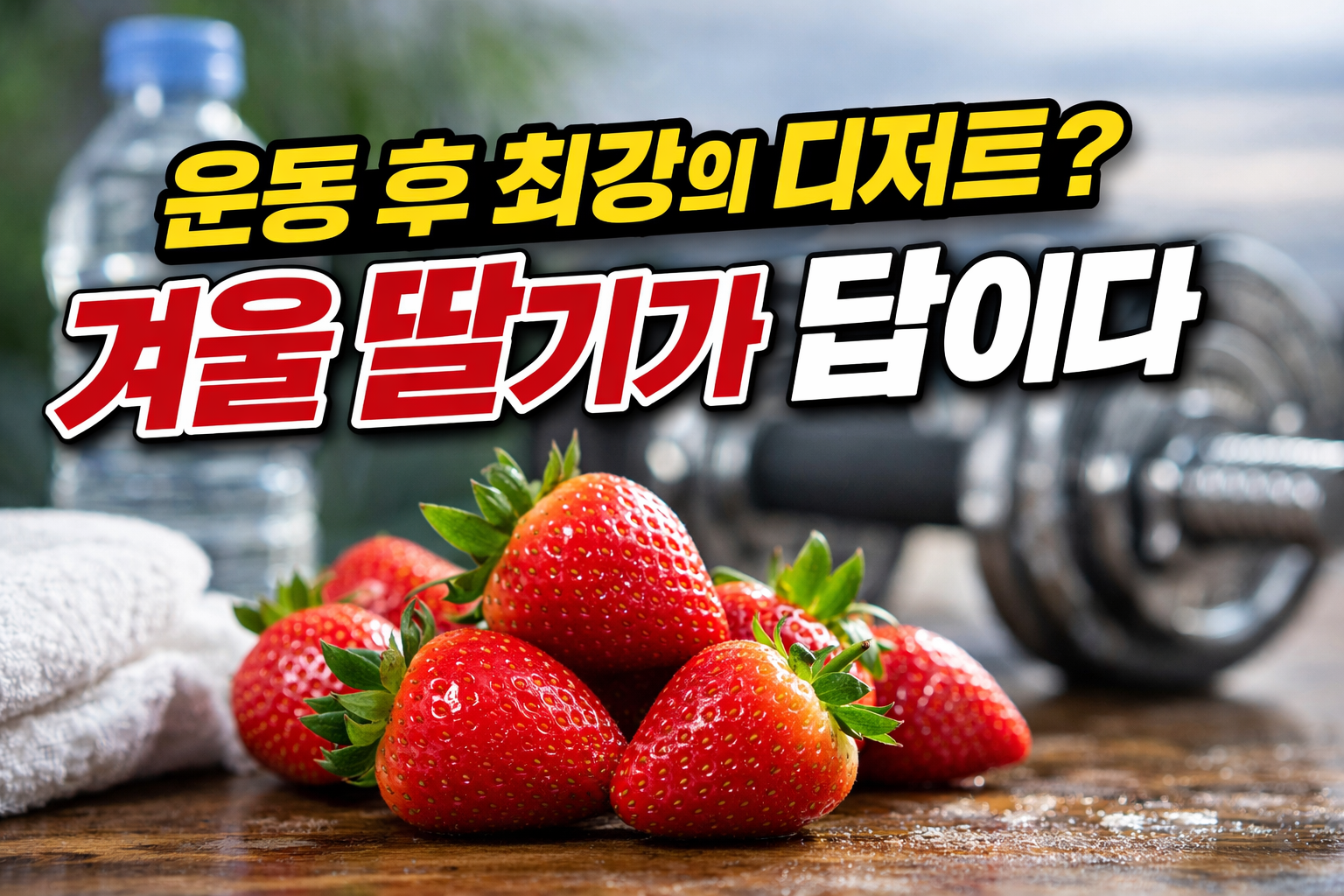 운동 후 디저트로 겨울 딸기를 강조한 썸네일 이미지, 덤벨과 물병 옆에 놓인 신선한 딸기