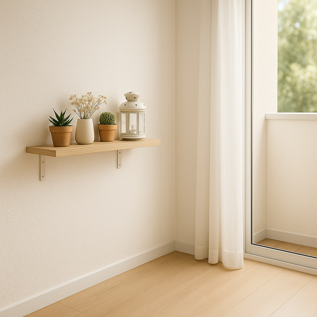 발코니 벽 선반에 화분과 소품이 정리되어 바닥이 넓어진 모습