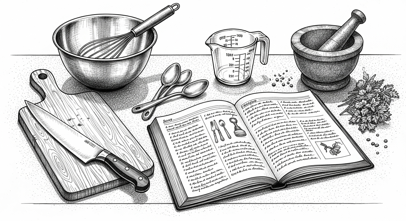 깔끔한 조리대와 요리 도구