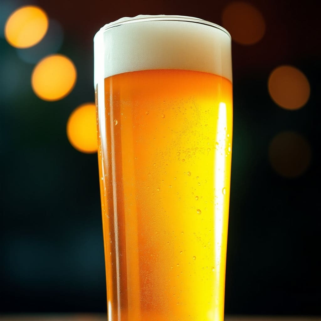 맥주잔에 황금빛 맥주가 시원하게 따라지면서 거품이 풍성하게 올라오는 모습을 강조합니다. 잔에 맺힌 물방울과 시원함이 느껴지는 질감을 표현하여&amp;#44; 한 여름밤의 갈증을 해소해 줄 맥주의 매력을 부각합니다. 