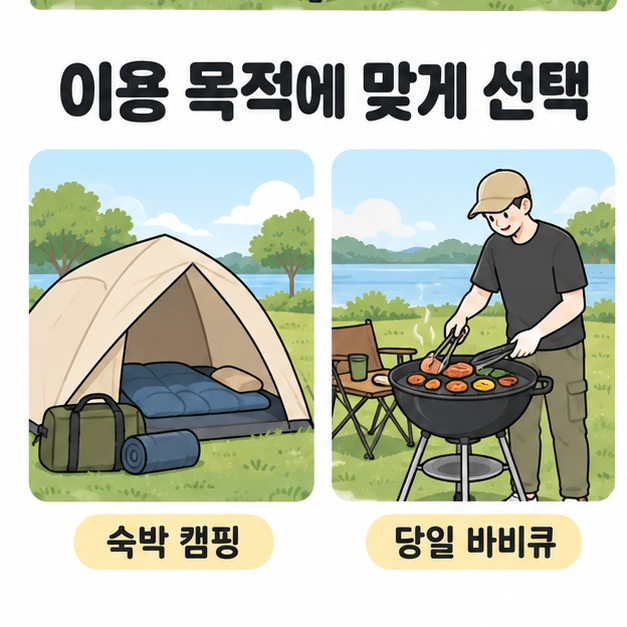 이용 목적에 맞게 선택 문구 아래 침구가 놓인 텐트와 야외 그릴에서 음식을 굽는 사람을 나란히 보여주는 그림