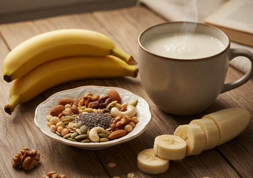 바나나, 따뜻한 우유, 견과류 접시