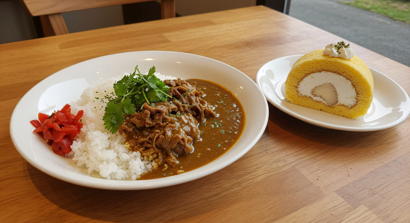 유후인의 레스토랑에서 제공되는 진한 일본식 카레와 밥, 신선한 허브로 장식된 모습