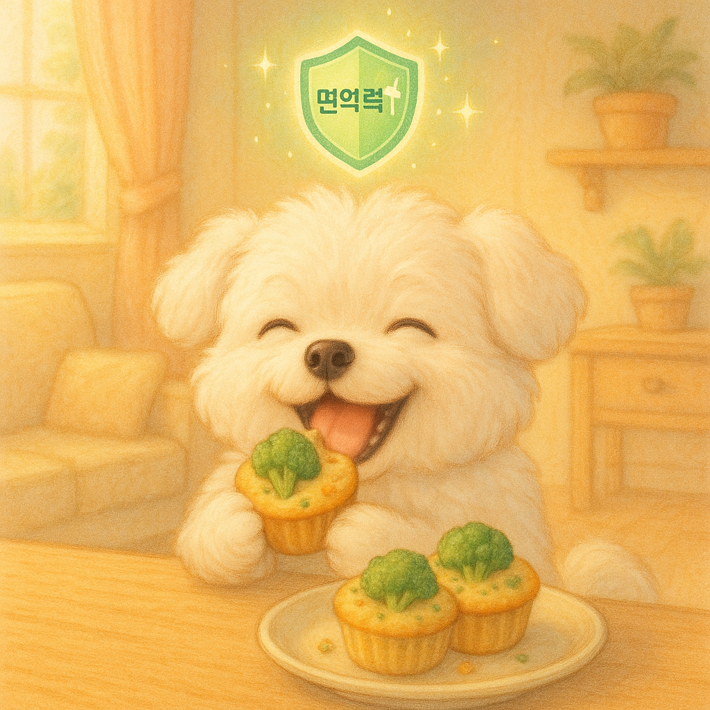강아지가 브로콜리 머핀을 먹고 '면역력 상승' 효과를 얻어 머리 위에 반짝이는 보호막 아이콘이 생긴 모습을 표현한 창의적인 일러스트
