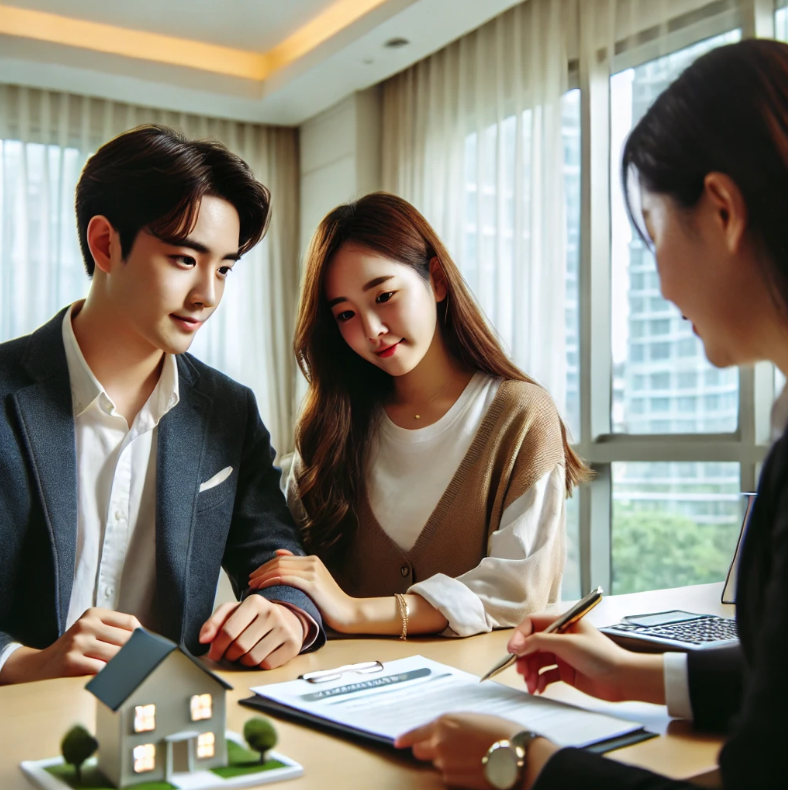 부동산 상담을 받는 젊은 커플의 모습