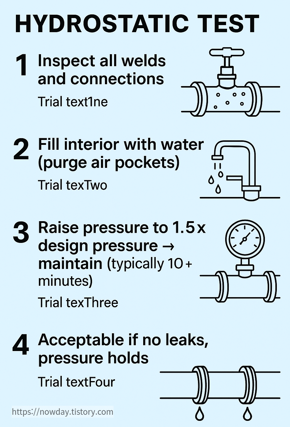 Step-by-step checklist illustration for conducting a hydrostatic pressure test including weld inspection, water filling, air removal, and pressure holding