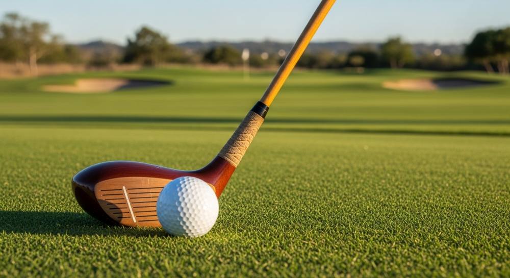 필드에 골프채와 골드공 올라와있는 사진