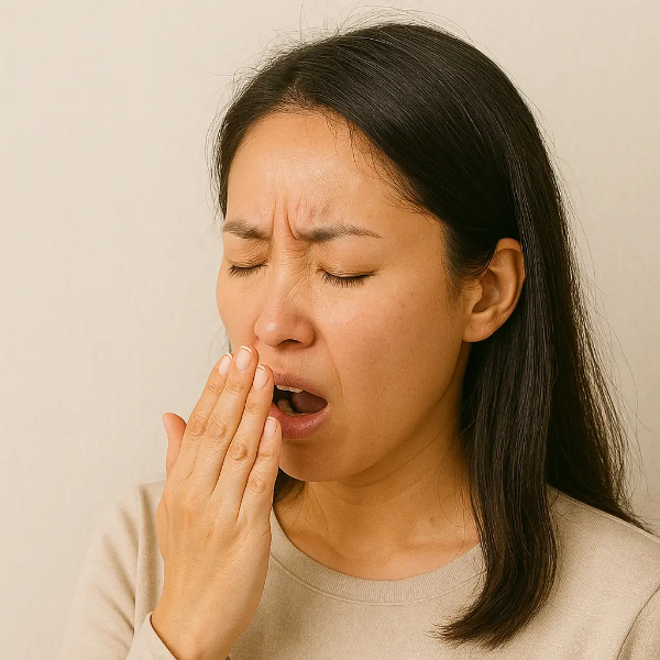 입 냄새로 불편함을 느끼는 한국인 여성의 클로즈업 이미지