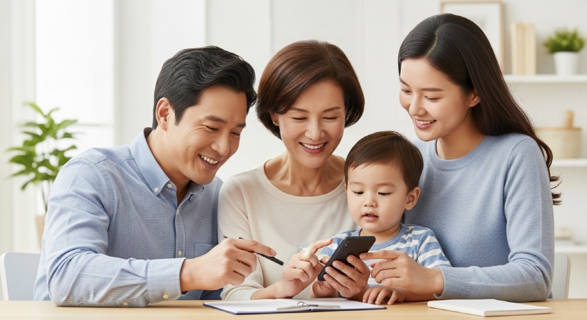 가족이 함께 스마트폰으로 신청하는 장면