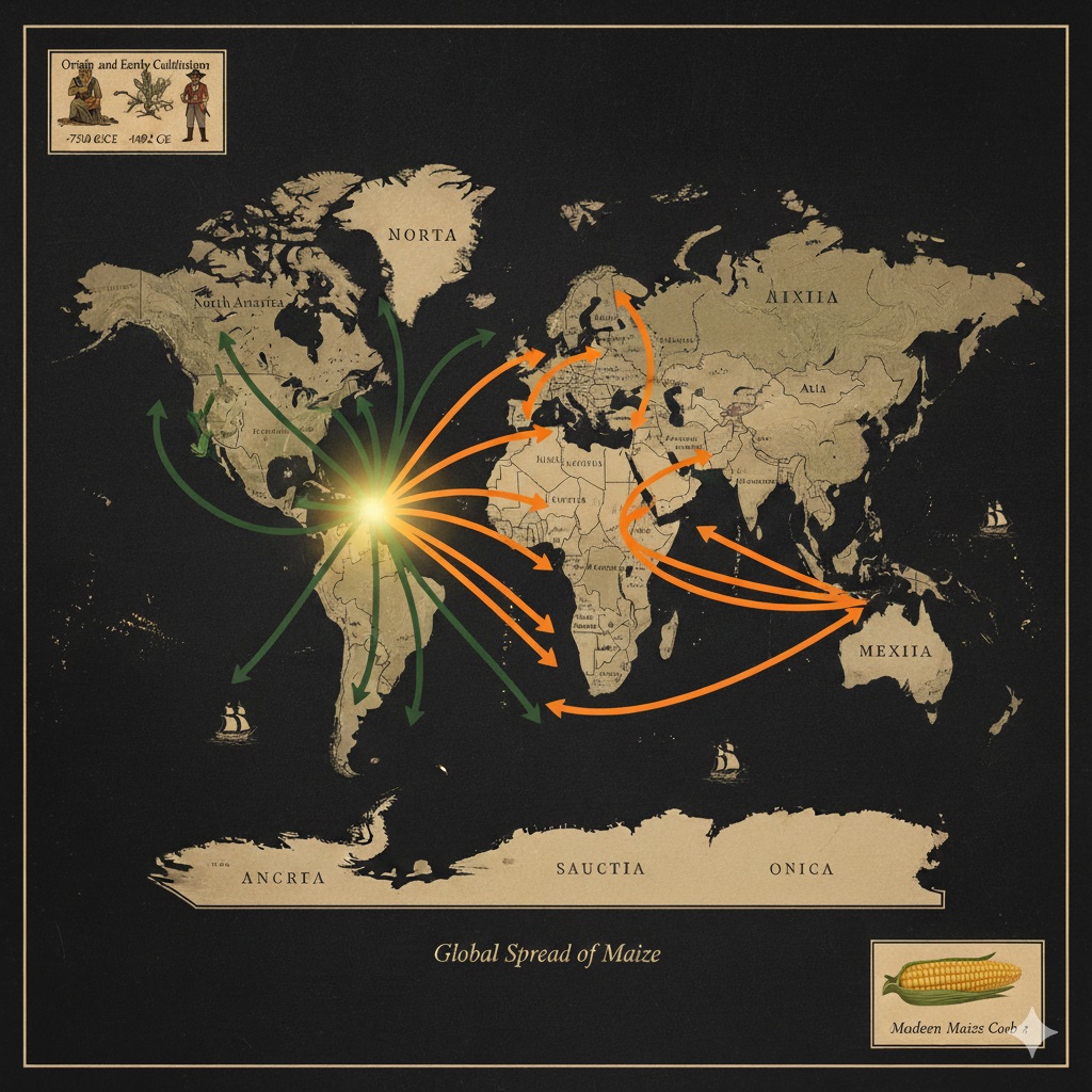 A world map illustration titled Global Spread of Maize showing the historical migration paths of corn from Central America to Europe, Africa, Asia, and beyond using orange and green arrows.