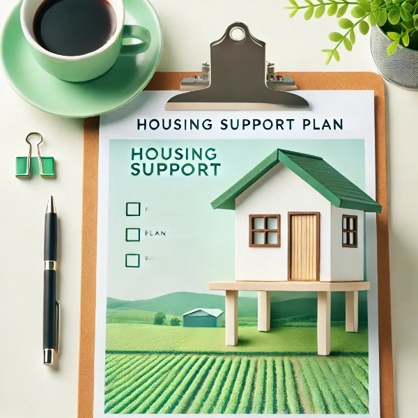 농어촌 주택 구입 지원을 상징하는 작은 집 모형과 주택 지원 계획 세팅