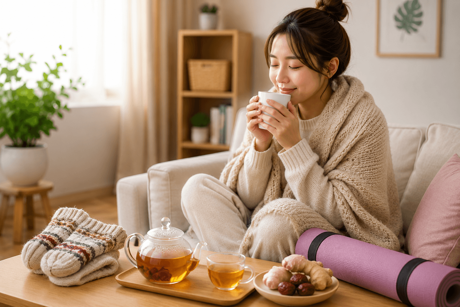 따뜻한 차를 마시는 여성과 건강한 혈액순환 관리 정보를 표현한 일러스트