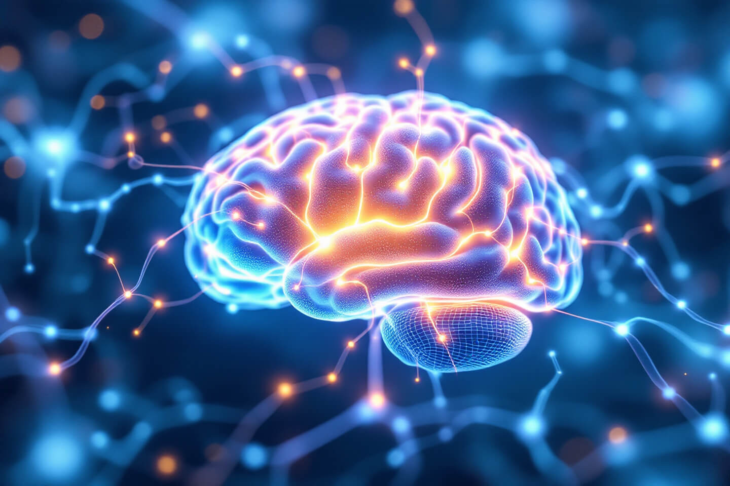 An artistic visualization of a human brain illuminated with glowing neural connections and light pulses, showcasing the effects of psilocybin on brain activity and mental healing.