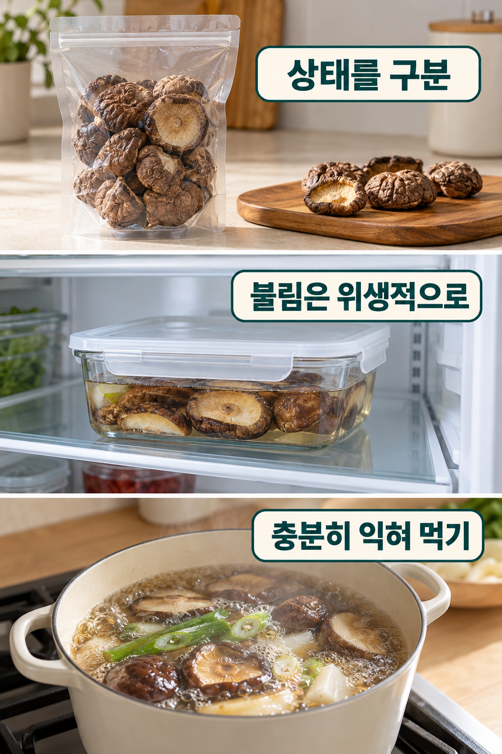 건표고 포장과 불림용기, 익힌 표고국을 함께 준비한 주방