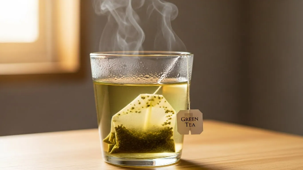 식탁위 유리컵에 따뜻한 물로 김이 올라오고 있고, 녹차 티백이 들어 있는 모습