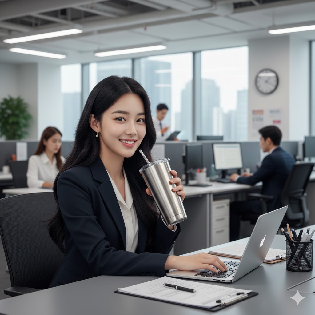 물을 마시고 있는 여성의 사진