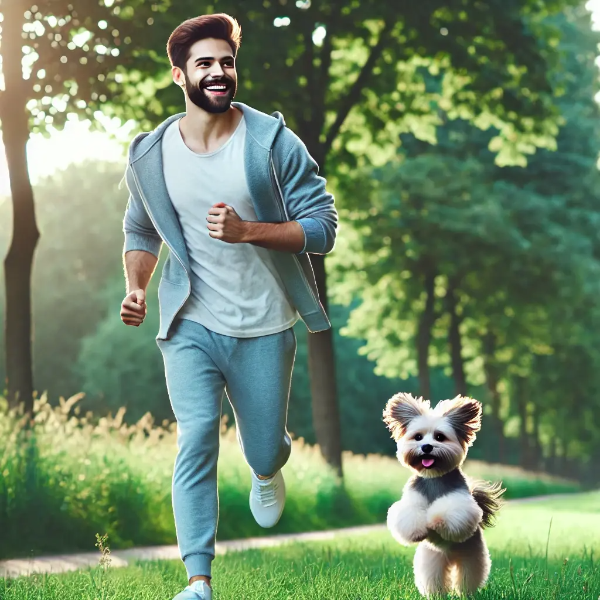 푸른 공원에서 반려견과 가볍게 달리며 운동하는 젊은 남성의 활기찬 초고해상도 사진