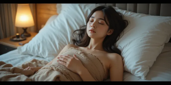 침대에서 휴식하며 명상음악 듣는 여성