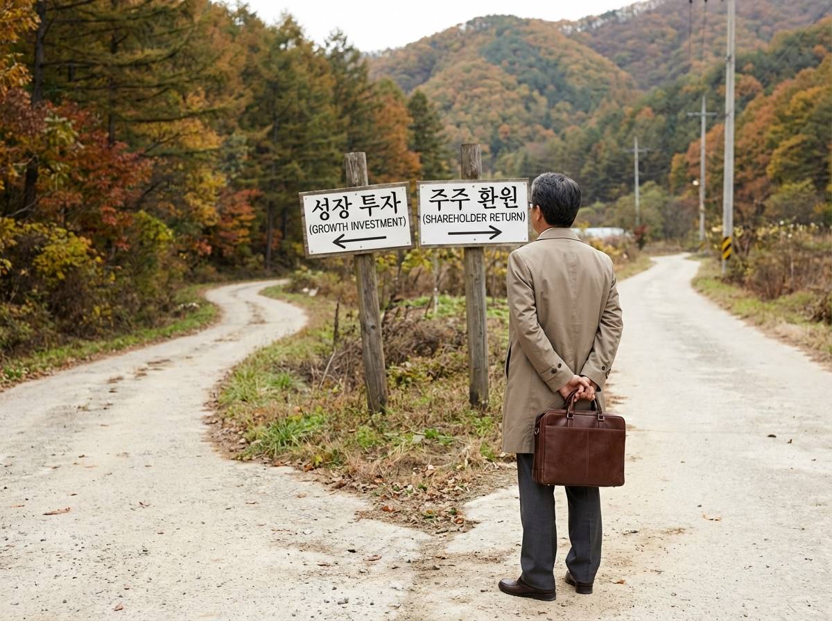 양 갈래 길에서 한쪽은 '성장 투자', 한쪽은 '주주 환원'이라는 표지판이 서 있고 신중하게 고민하는 투자자의 뒷모습