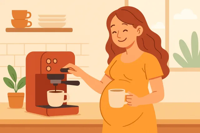 커피머신 앞에 서 있는 임산부