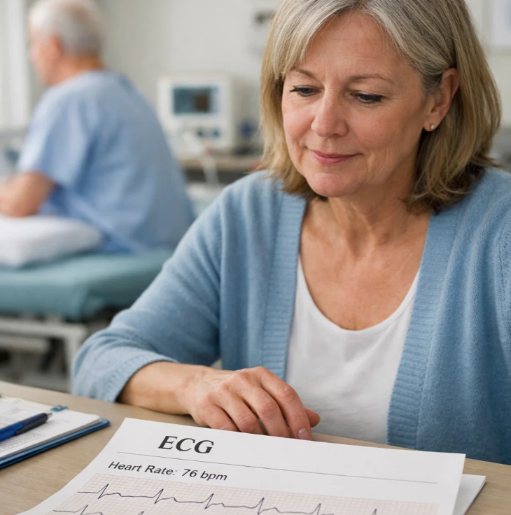 치매 검사 후 보호자가 병원에서 심전도 결과지를 확인하는 모습