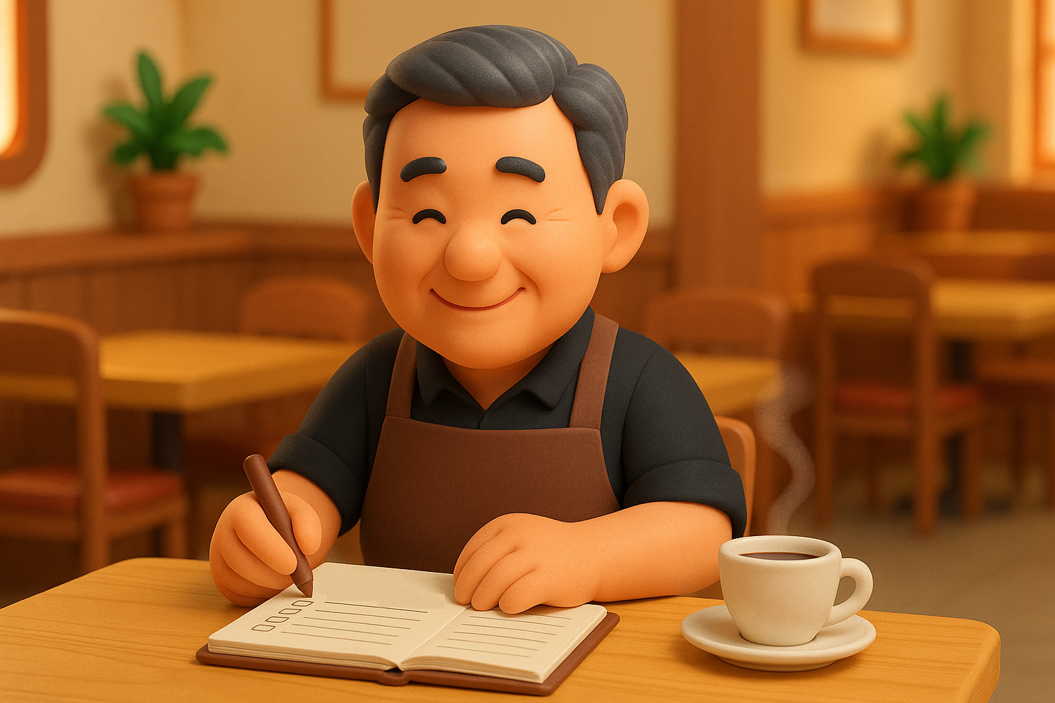 식자재 구매 계획표를 보며 만족스럽게 미소 짓는 식당 사장님의 모습