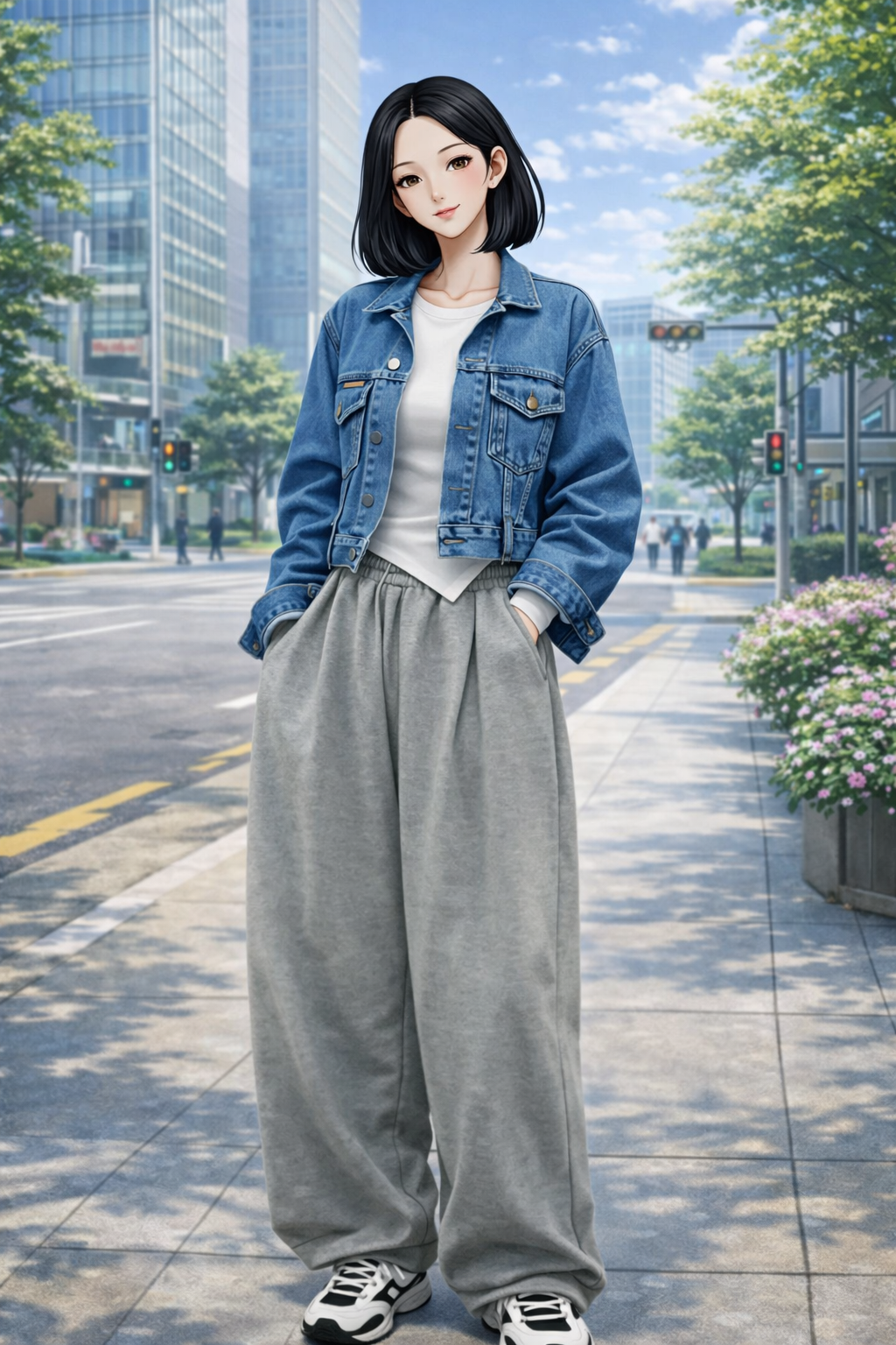 K-Fashion Denim Jacket With Sleeveless Top And Wide Training Pants Casual Look