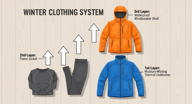 겨울 산행 레이어링 시스템: 베이스 레이어, 미들 레이어, 아우터 레이어 순서 도식