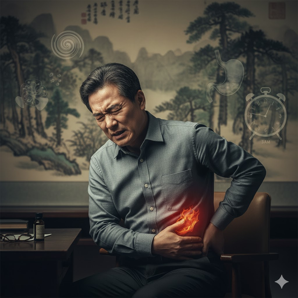 스트레스와 분노로 인해 인상을 찌푸리며 옆구리를 잡고 있는 중년 남성의 모습. 배경으로는 만성 피로, 소화 불량 등을 암시하는 흐릿한 이미지가 오버랩되어 간기울결 증상들을 시각적으로 표현