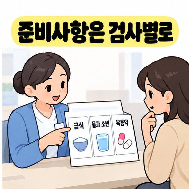 금식과 물 및 소변, 복용약 항목이 있는 안내지를 보며 환자와 병원 직원이 검사 준비사항을 확인하는 그림