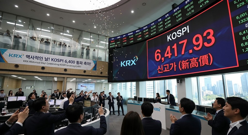한국거래소(KRX) 전광판에 '6,417.93'이라는 빨간색 신고가가 선명하게 찍힌 현장 사진