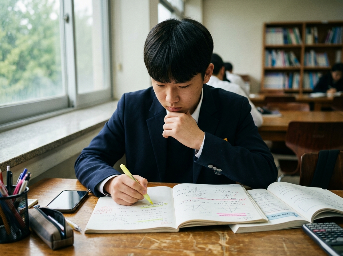 오답 노트를 꼼꼼히 점검하며 수학 약점을 보완하는 학생